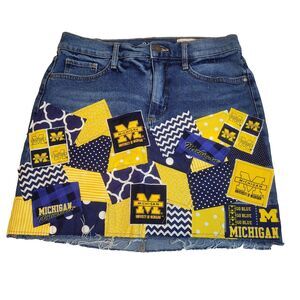 Custom University Of Michigan Women's Patchwork Denim Jean Skirt 30 Raw Hem